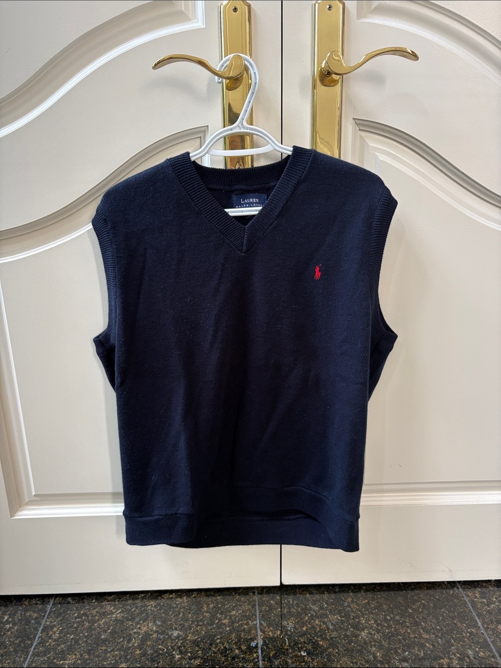 Ralph Lauren Navy V-Neck Sweater Vest with Red Pony Logo